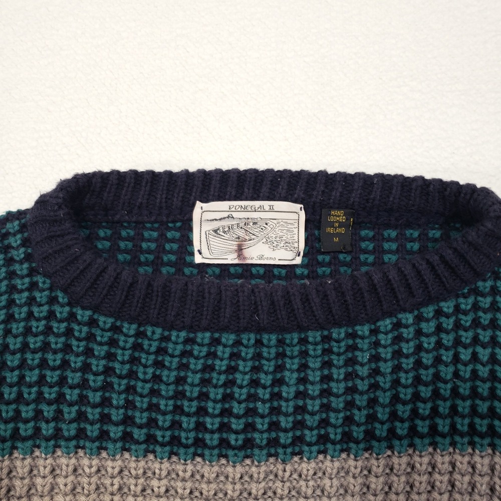 Donegal II Sweater Men Medium Teal Gray White Striped Hand Loomed Cotton Ireland - Picture 3 of 8